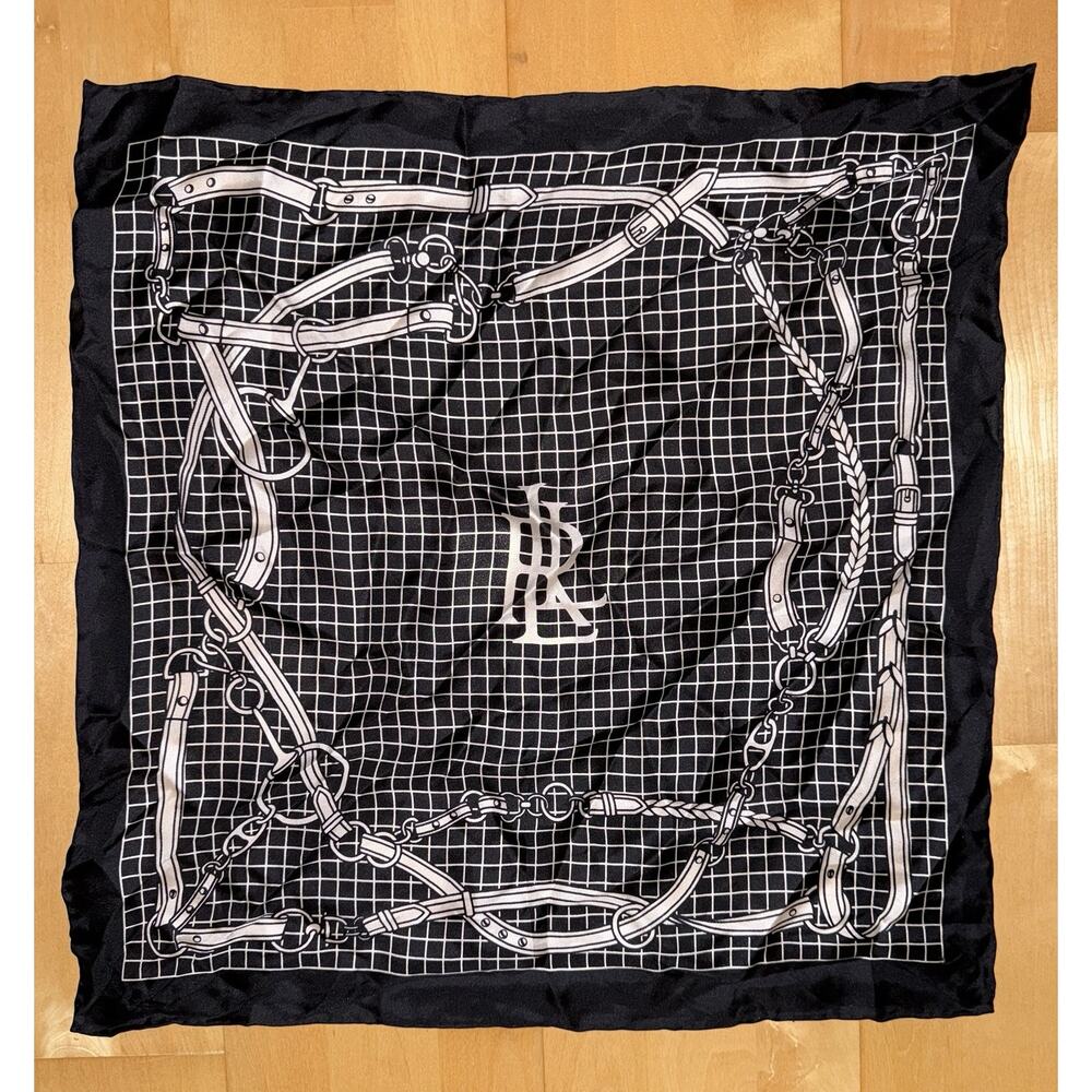 Lauren Ralph Lauren Black White Ribbon Equestrian Horsebit Strap Scarf Silk 21”